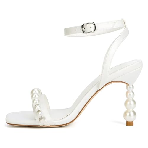 Women’s Heeled Sandals Pearl Wedding Shoes for Bride Open Toe Bridal Shoes Strappy Wedding Heels