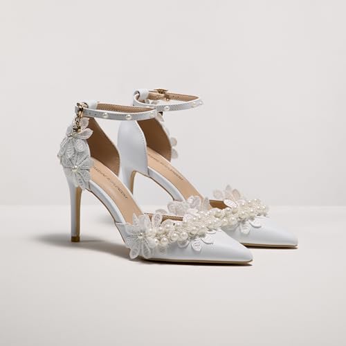 Lace Pearl Decoration Ladies High Heels Whit Wedding Shoes Women's White Bridal Pumps