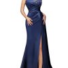 Women's Sexy Halter Sequin Lace Satin High Split Ruched Style Evening Party Maxi Dress