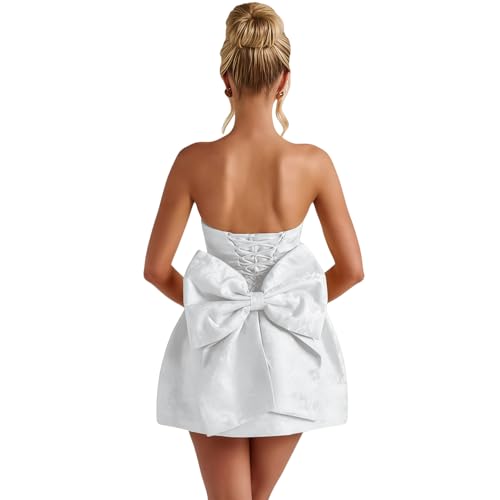 Jacquard Satin Homecoming Dress with Bow Elegant Strapless Mini Dress A Line Short Prom Dresses Party Gown