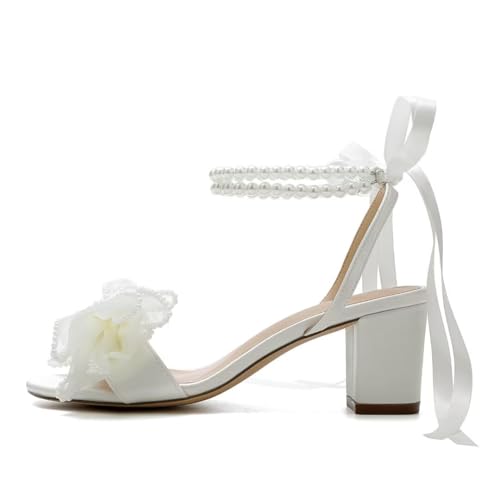 Bow Knot Heeled Sandals Wedding Shoes for Bride Block Heel Wedding Sandals Pearl Heels Bridal Shoes