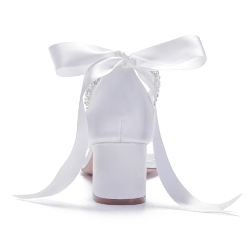 Women's Low Block Heel Sandals Chunky Ankle Strap Pearl Wedding Dress Shoes Low Heel Comfortable Pump Sandals