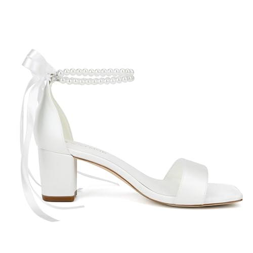 Block Heel Bridal Shoes Open Toe Wedding Shoes for Bride Pearl Heels Wedding Sandals