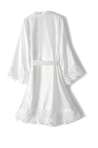 Women Lace Trim Robe Short Kimono Gown Silky Bathrobe for Bride Bridesmaid Nightgown