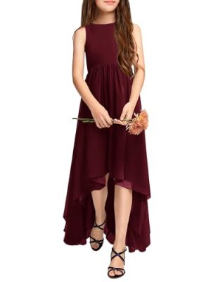 Girls Semi Formal Dress Kids Cute A-Line Crewneck Long Chiffon Wedding Prom Party Gowns