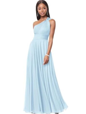One Shoulder Bridesmaid Dresses for Women A Line Pleated Chiffon Long Formal Wedding Guest Dress with Pockets