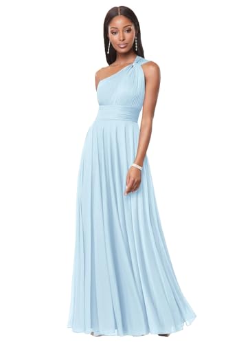 One Shoulder Bridesmaid Dresses for Women A Line Pleated Chiffon Long Formal Wedding Guest Dress with Pockets