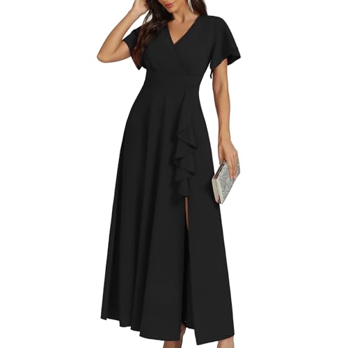 Women's Black Long Formal Dresses Cocktail Wedding Guest Dress Ruffle Split Elegant V Neck Party Gowns