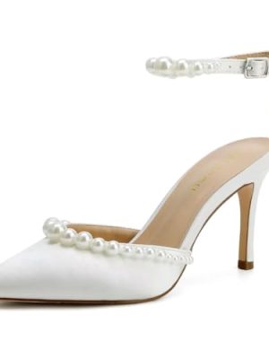 High Heel Wedding Shoes for Bride Pointed Toe Bridal Shoes Pearl Heels Ankle Strap Wedding Pumps