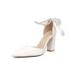 Women's Pearl White Wedding Shoes Bridal White Heels Pointed Toe Dress Prom Banquet Shoes Thick Heel Sandals