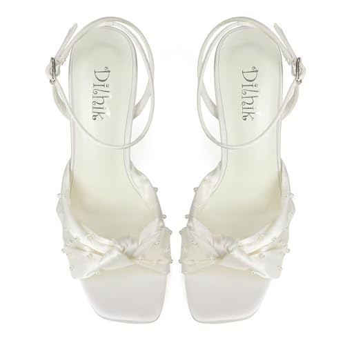 Pearl Wedding Shoes for Bride Block Heel Bridal Shoes Open Toe Wedding Heels Bow Knot Heeled Sandals