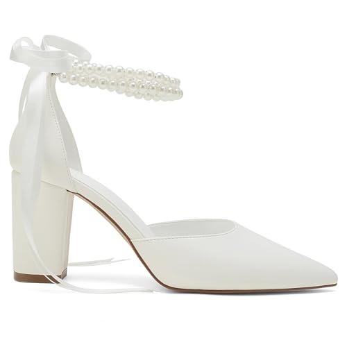 Closed Toe Pearl Heels Satin Wedding Shoes for Bride High Heels with Bow Chunky Block Heels for Women Prom Evening Party Dress