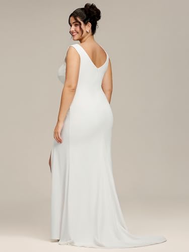 Women's Simple Sleeveless V Neck Bodycon Slit Mermaid Wedding Dresses for Bride Plus Size Bridal Gowns