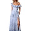 Floral Chiffon Long Bridesmaid Dresses for Women A Line Off Shoulder Formal Evening Gowns with Slit Ruffle Prom Dress