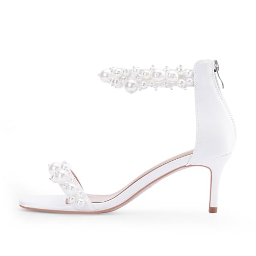 Women's Pearl Low Kitten Heel Ankle Strap Heeled Sandals Open Toe Wedding Bride Dress Shoes