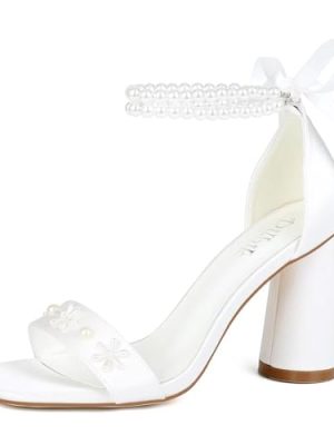 Pearl Heels Wedding Shoes for Bride Open Toe Bridal Shoes White Ivory Heels Chunky Heeled Sandals