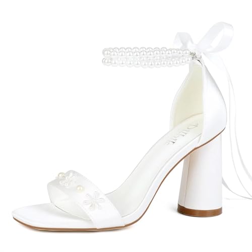 Pearl Heels Wedding Shoes for Bride Open Toe Bridal Shoes White Ivory Heels Chunky Heeled Sandals