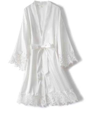 Women Lace Trim Robe Short Kimono Gown Silky Bathrobe for Bride Bridesmaid Nightgown