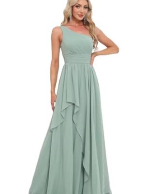 Women's One Shoulder Bridesmaid Dresses Long Ruched Chiffon A Line Formal Party Dress with Pockets
