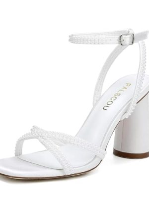 Pearl Heels Strappy Bridal Shoes Block Heel Wedding Sandals Open Toe Wedding Shoes for Bride
