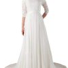 Women's Elegant Lace Beach Wedding Dresses for Bride 2023 with Sleeves Wedding Bridal Gowns Style01