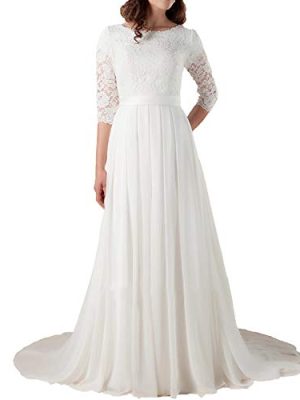 Women's Elegant Lace Beach Wedding Dresses for Bride 2023 with Sleeves Wedding Bridal Gowns Style01