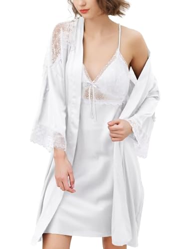 Women's Silk Satin Robe Sets 2 Piece Sexy Pajamas Set Sheer Lace Cami Nightgown Lingerie and Silky Robes