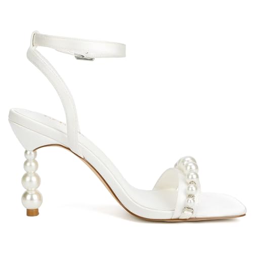 Women’s Heeled Sandals Pearl Wedding Shoes for Bride Open Toe Bridal Shoes Strappy Wedding Heels