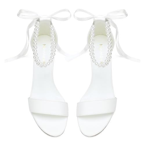 Women's Open Toe Block Heel Pearl Wedding Shoes for Bride Chunky Heeled Sandals Bridal Shoes Pumps
