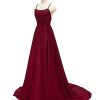 Women's Elegant Long Prom Dresses with Pockets Satin Halter Spaghetti Strap Wedding Dress Gowns