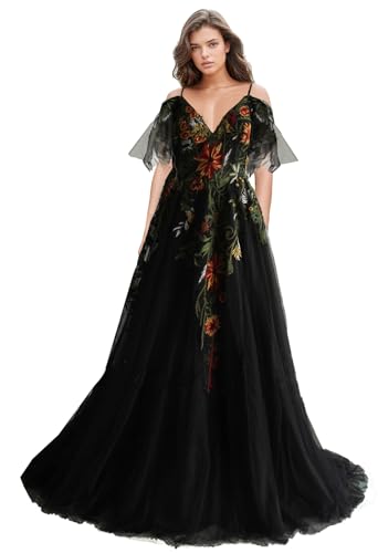 Floral Embroidery Wedding Dress for Bride A Line Long Tulle Boho Could Shoulder Sleeves Outdoor Country Gowns