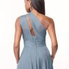 One Shoulder Bridesmaid Dresses for Women A Line Pleated Chiffon Long Formal Wedding Guest Dress with Pockets