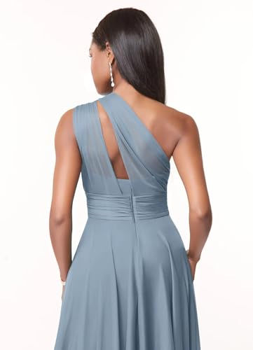 One Shoulder Bridesmaid Dresses for Women A Line Pleated Chiffon Long Formal Wedding Guest Dress with Pockets
