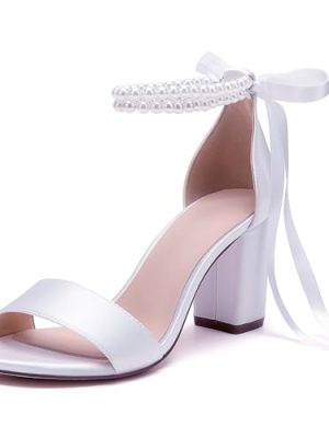 Pearl Wedding Shoes for Bride High Heels Block Heels Bridal Shoes with Bow Women Chunky Heels Sandals