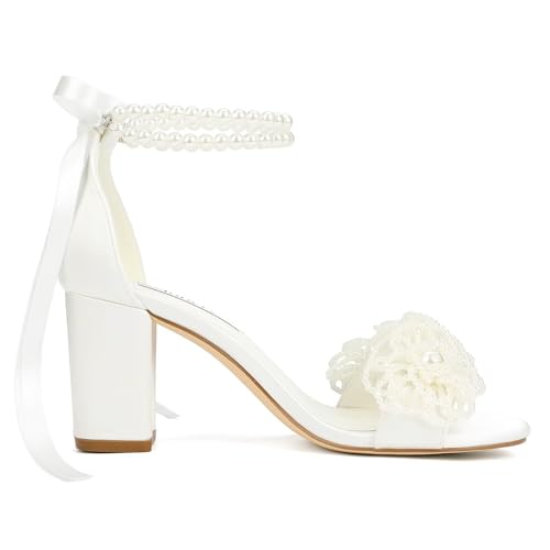 Pearl Wedding Heels Block Heel Wedding Shoes for Bride Open Toe Bridal Shoes Chunky Heeled Sandals