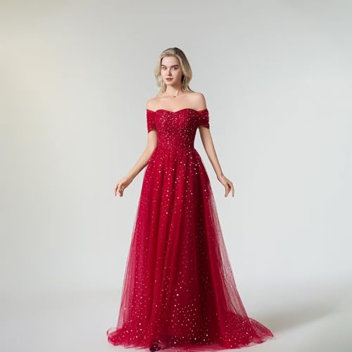 Sparkly Tulle Prom Dresses for Women Long Off Shoulder A-Line Formal Evening Party Gowns Masquerade Dresses