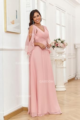 Ruffle Sleeve Chiffon Bridesmaid Dresses for Women Cold Shoulder Formal Dress for Wedding 2025 V Neck Evening Gowns