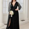 Plus Size Sparkly Formal Maxi Dress Long Sleeve Deep V-Neck Mesh Dresses with Slit Cocktail Wedding Evening Gown