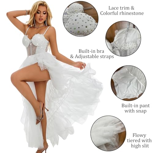 Tulle Prom Dresses for Women, Glitter Lace A Line High-Low Ruffled,Corset Party White Tulle Gown with Slit