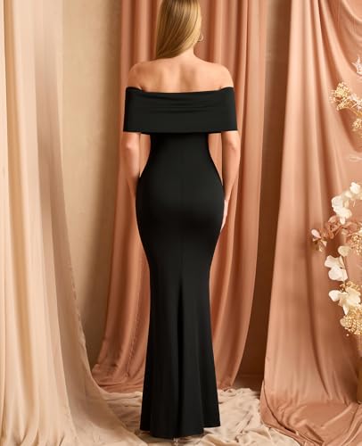Off The Shoulder Formal Wedding Guest Maxi Dress for Women Fall Elegant Ruched Bodycon Cocktail Party Long Dresses