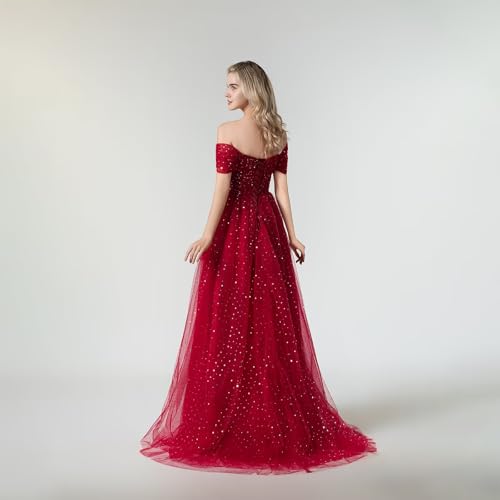 Sparkly Tulle Prom Dresses for Women Long Off Shoulder A-Line Formal Evening Party Gowns Masquerade Dresses