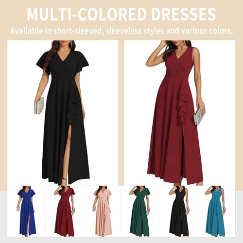 Women's Black Long Formal Dresses Cocktail Wedding Guest Dress Ruffle Split Elegant V Neck Party Gowns