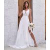Chiffon Wedding Dresses for Bride Lace Appliques V Neck Long Beach Spaghetti Straps Simple Bridal Gown with Slit