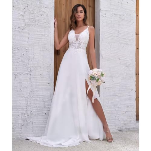 Chiffon Wedding Dresses for Bride Lace Appliques V Neck Long Beach Spaghetti Straps Simple Bridal Gown with Slit