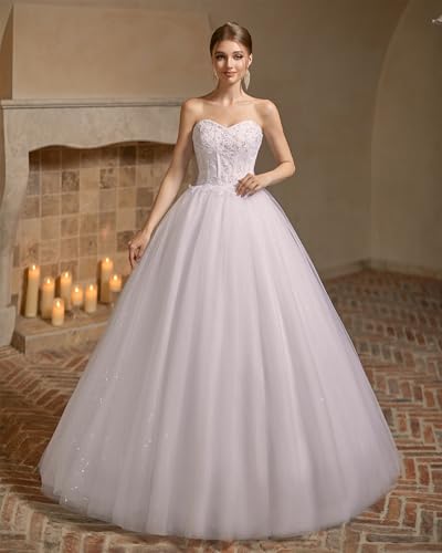 Women's Sweetheart Applique Beaded Corset Bridal Shiny Tull Wedding Dresses for Bride