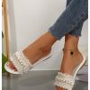 Women's Pearls Chain Flat Sandals Dressy Open Toe Slip On Flats Summer Casual Outdoor Slide Sandals