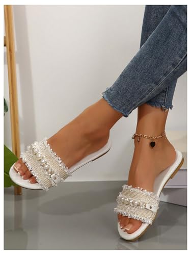 Women's Pearls Chain Flat Sandals Dressy Open Toe Slip On Flats Summer Casual Outdoor Slide Sandals