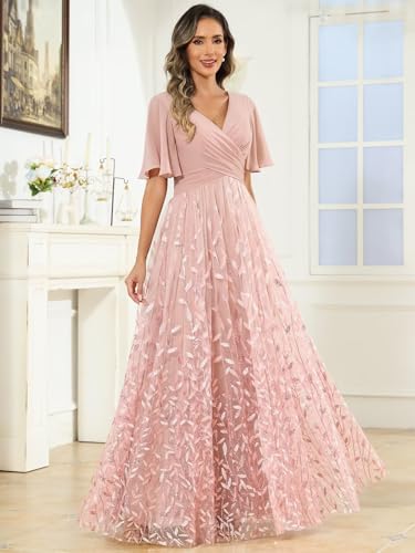 Sequin Mother of The Bride Dresses Chiffon V Neck Wedding Guest Dress with Short Sleeves