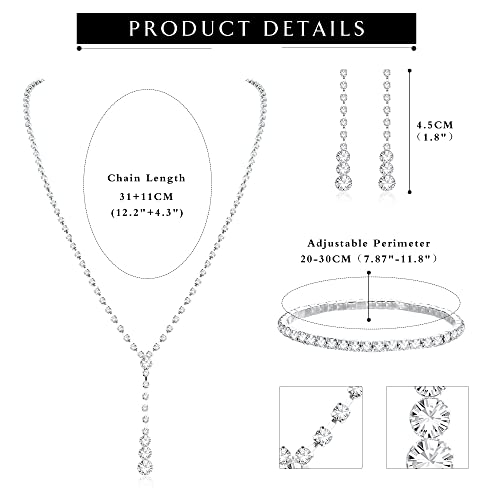 Silver Bridal Jewelry Set Rhinestone Necklace Bracelet Dangle Earrings for Bride Bridesmaid Teardrop Pendant Crystal Wedding