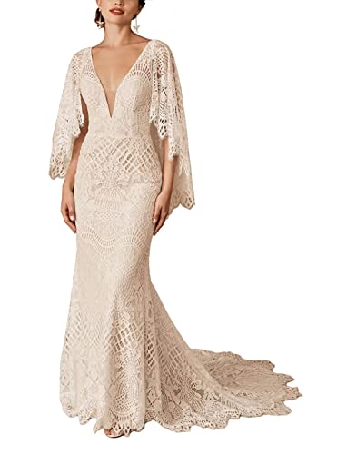 Boho Wedding Dresses for Bride Lace Mermaid Bridal Dress V Neck Cape Sleeve Beach Bohemian Vintage Wedding Gown